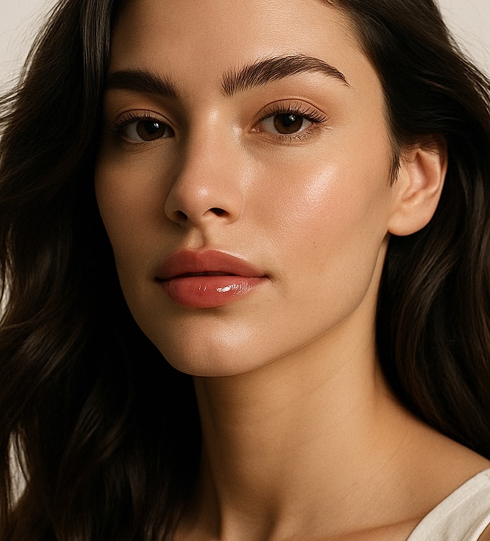 Young woman with natural makeup and wavy hair.