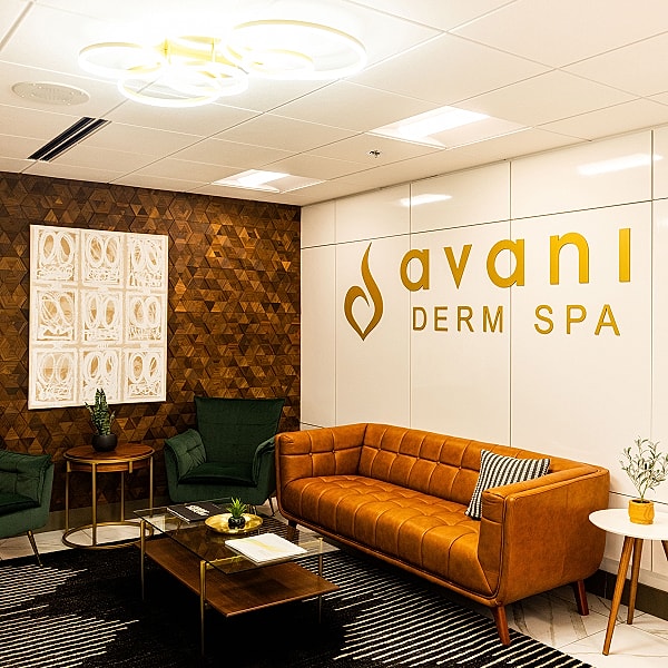 Modern waiting area of Avani Derm Spa.