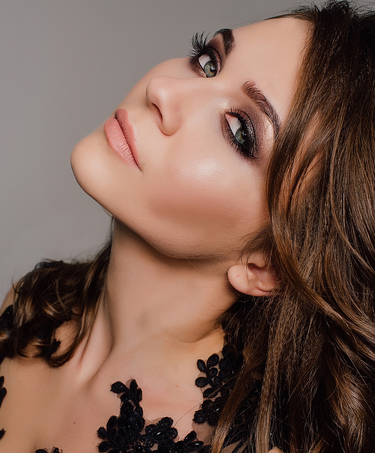 Close-up of a woman with long hair.