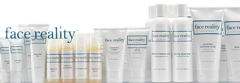 Face Reality skincare product lineup on display.