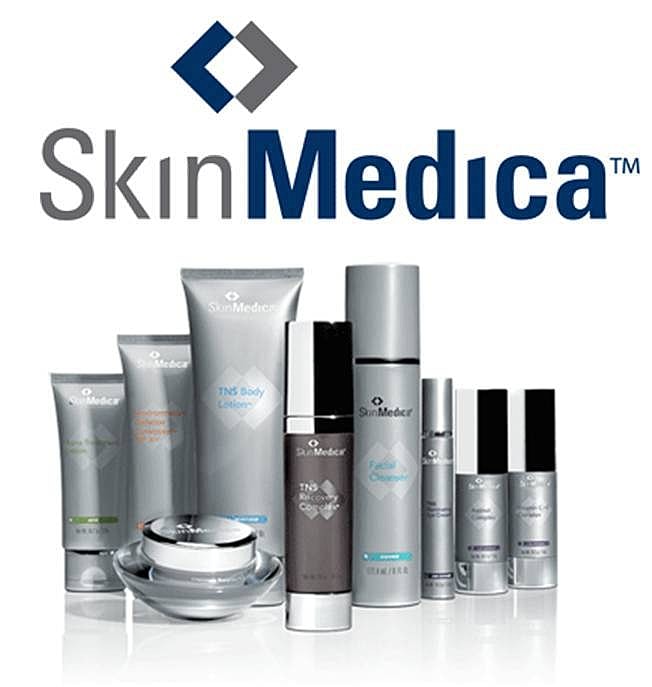 SkinMedica skincare products displayed on a shelf.
