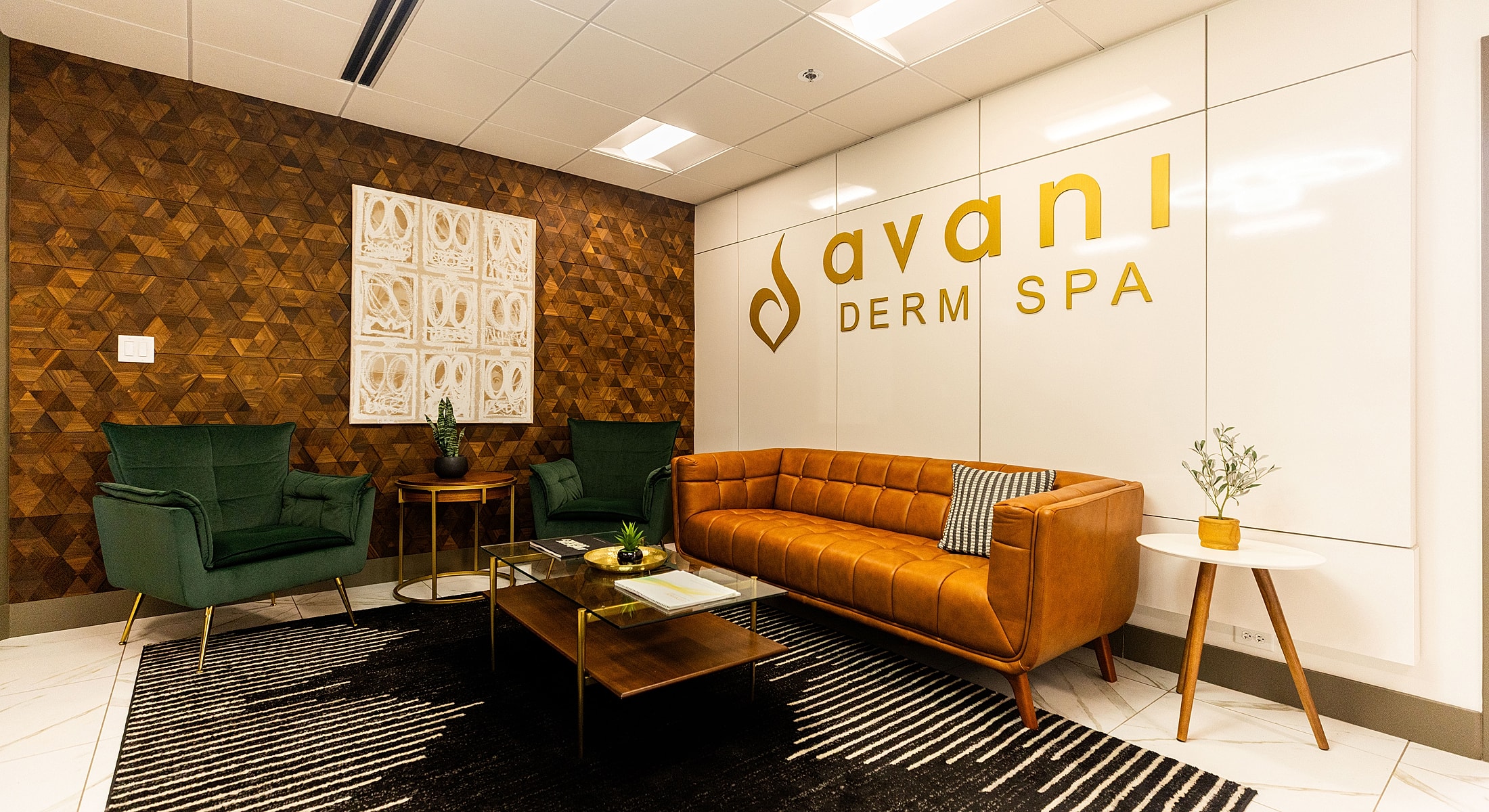 Modern spa waiting area with stylish furniture.