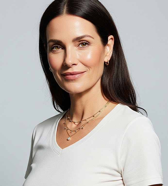 Woman wearing layered necklaces and a white top.
