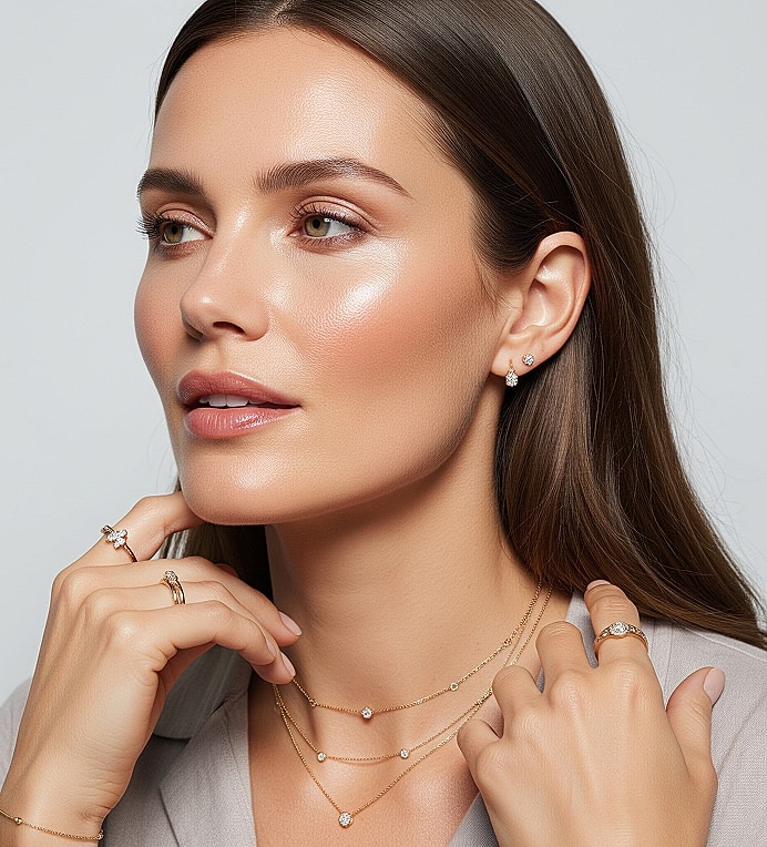 Model showcasing elegant jewelry and beauty look.